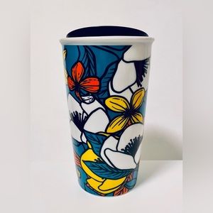 NWT Starbucks Teal Poppy Flowers Ceramic Travel Tumbler Coffee Mug w/Lid 12 oz